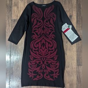 Nine West Sweater Dress Size Large Black & Wine Scroll Design 3/4 Sleeves NWT